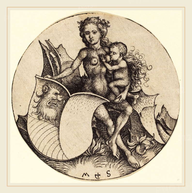 Martin Schongauer (German, c. 1450-1491), Shield with Lion's Head, Held by Wild Woman, c. 1480-1490, engraving
