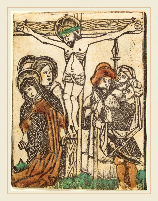 Workshop of Master of the Borders with the Four Fathers of the Church, The Crucifixion, 1460-1480, metalcut, hand-colored in yellow, red-brown lake, and green