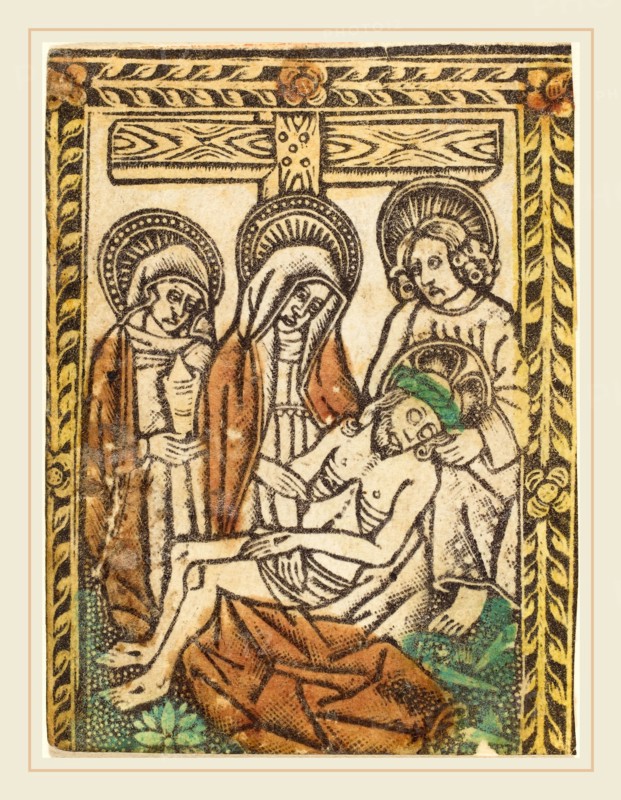 Workshop of Master of the Borders with the Four Fathers of the Church, The Lamentation, 1460-1480, metalcut, hand-colored in yellow, red-brown lake, and green