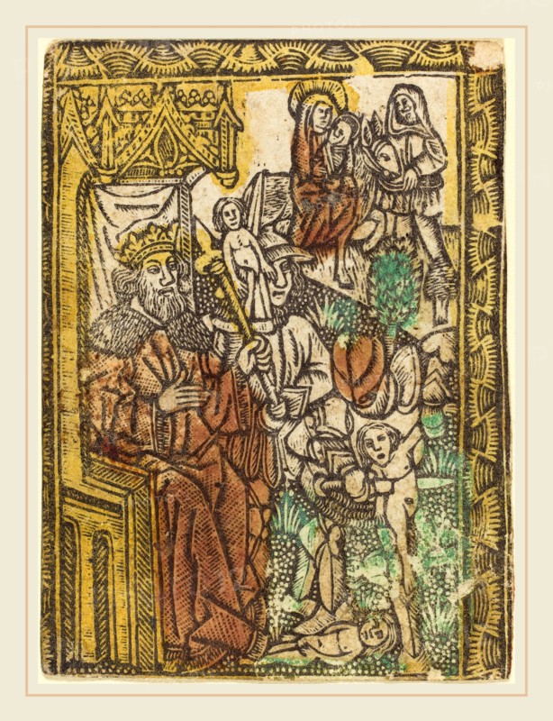 German 15th Century, The Adoration of the Magi, c. 1470-1480, metalcut, hand-colored in yellow, red-brown lake, and green
