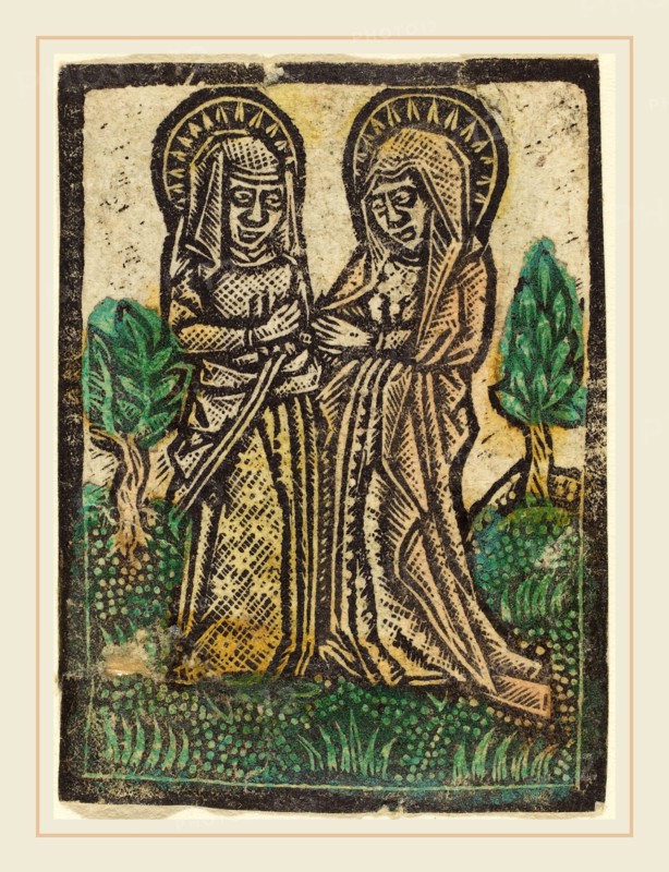 Workshop of Master of the Aachen Madonna, The Visitation, 1460-1480, metalcut, hand-colored in green, red lake, and yellow