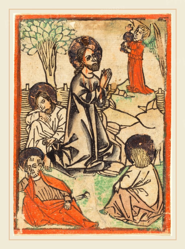 German 15th Century, Christ on the Mount of Olives, c. 1460, woodcut, hand-colored in orange-red, gray, green, rose, light yellow, brown, and gold