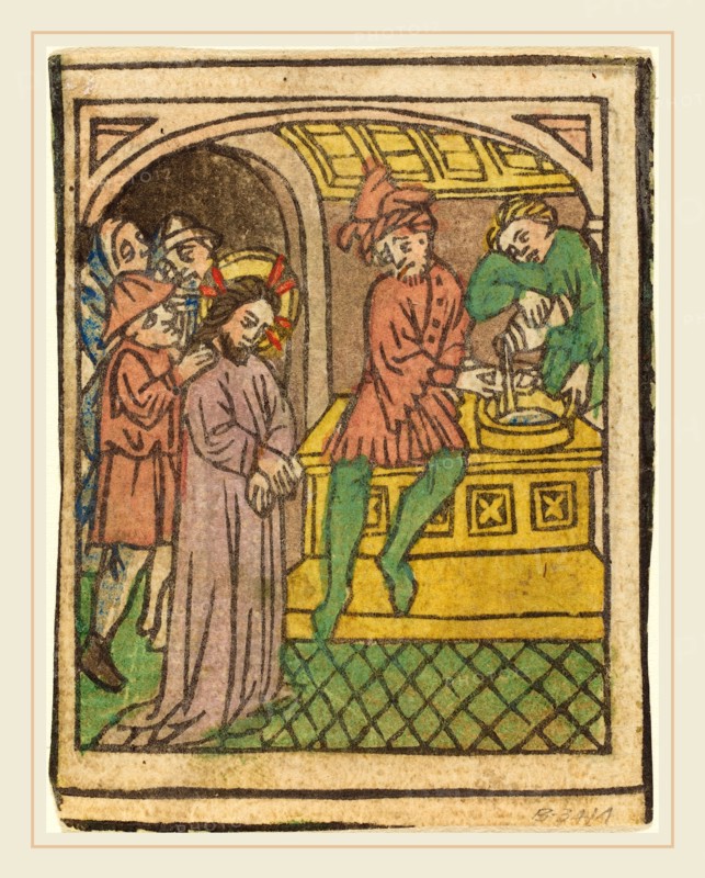 German 15th Century, Pilate Washing His Hands [recto], c. 1440-1450, woodcut, hand-colored in lavender, rose, green, yellow, brown, blue, and red