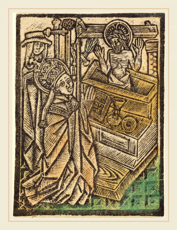 Workshop of Master of the Aachen Madonna, Saint Gregory, c. 1480, metalcut, hand-colored in green, yellow, and ochre
