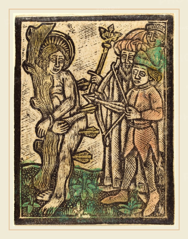 German 15th Century, Saint Sebastian, c. 1480, metalcut, hand-colored in green, rose, and yellow