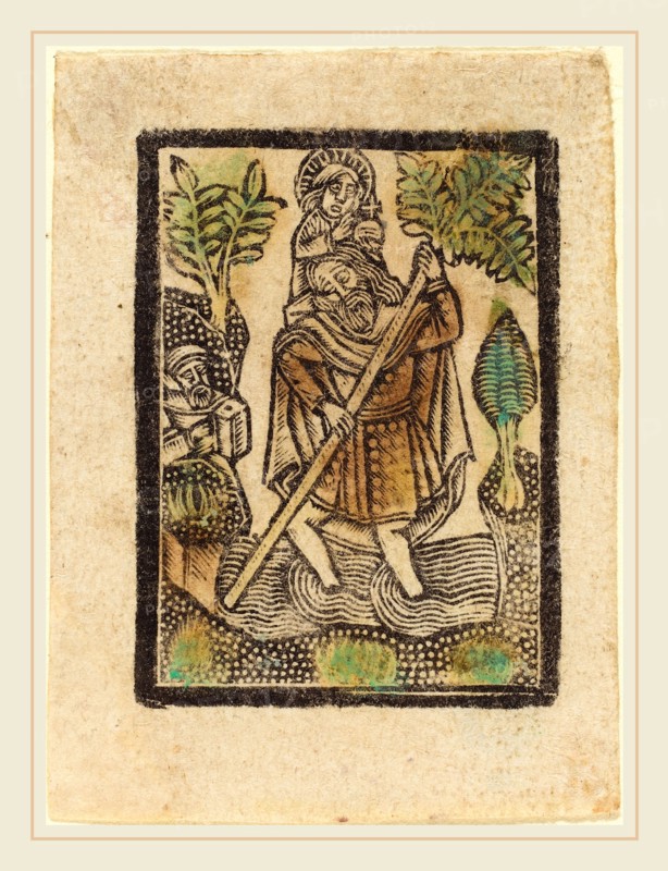 Workshop of Master of the Aachen Madonna, Saint Christopher, 1470-1480, metalcut, hand-colored in green and ochre