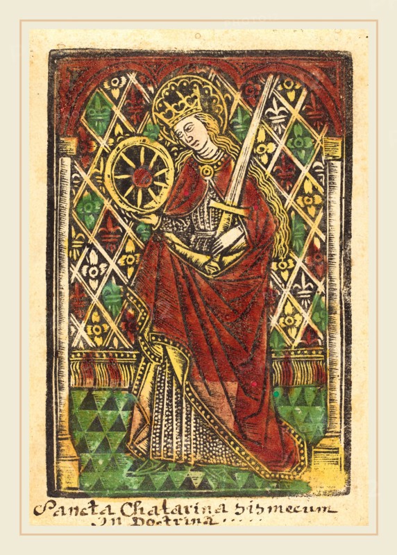 Workshop of Master of the Protective Saints of Cologne, Saint Catherine, 1480 or after, metalcut, hand-colored in red lake, yellow, and green