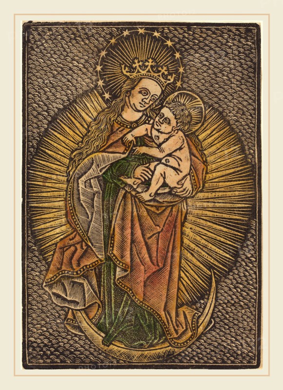 German 15th Century or Master of the Meshed Background (German, active fourth quarter 15th century), Madonna and Child in Glory, fourth quarter 15th century, metalcut, hand-colored in yellow, red, and green