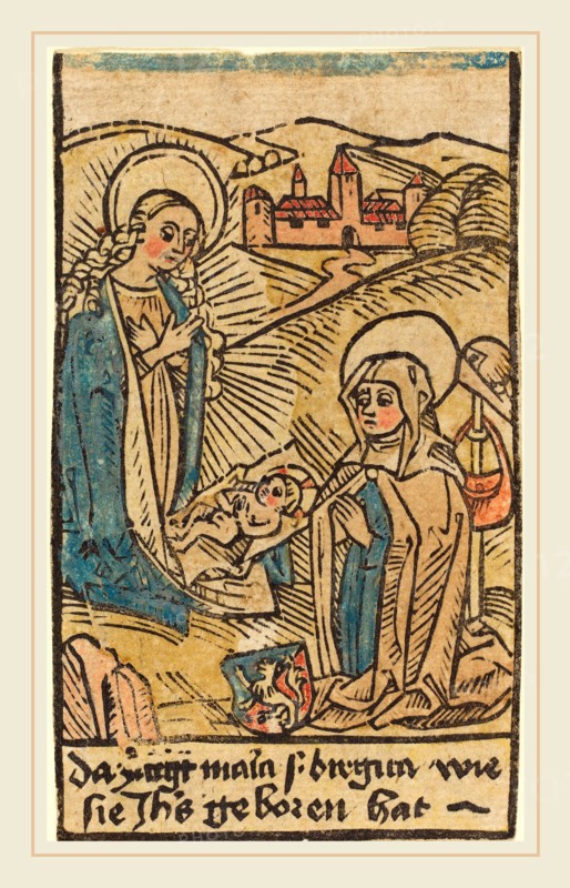German 15th Century, Madonna and Saint Bridget, c. 1480-1500, woodcut, hand-colored in blue, yellow, tan, orange, and red