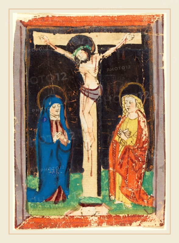 German 15th Century, Christ on the Cross, c. 1460, woodcut, hand-colored in blue, orange, yellow, green, rose, gray, and silver