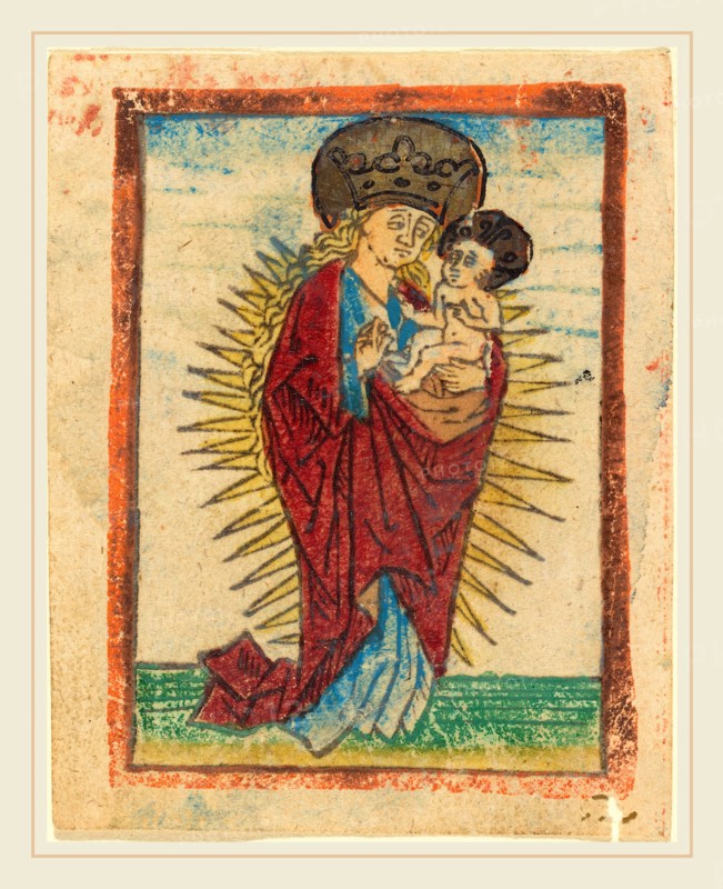 German 15th Century, Madonna and Child in a Glory, c. 1475, woodcut in brown, hand-colored in red lake, blue, yellow, green, gold, and orange; retouched with pen and ink