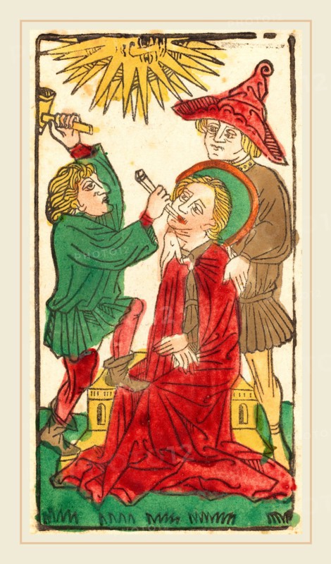 German 15th Century, Saint Apollonia, c. 1450, woodcut, hand-colored in red lake, green, yellow, and brown