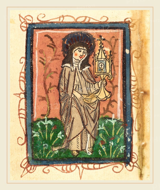 German 15th Century, Saint Clare of Assisi, 1470-1480, woodcut, hand-colored in pink, green, gray, black,gold, and blue