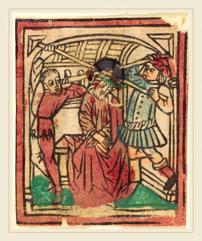 German 15th Century, The Crowning with Thorns, 1440, woodcut, hand-colored in red, green, yellow, gray-blue, and gold