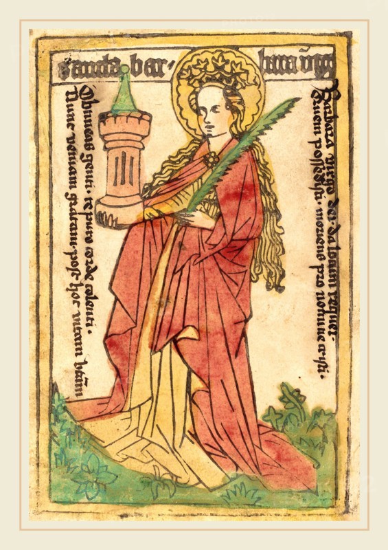 German 15th Century, Saint Barbara, 1440-1460, woodcut, hand-colored in red lake, yellow, green, and rose