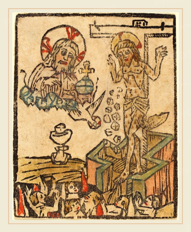 German 15th Century, Allegory of the Eucharist, 1480-1500, woodcut, hand-colored in orange, green, tan, pink,lt. blue, and red