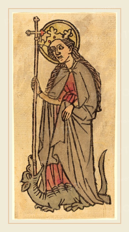 German 15th Century, Saint Margaret, c. 1460, woodcut, hand-colored in gray, rose, and yellow