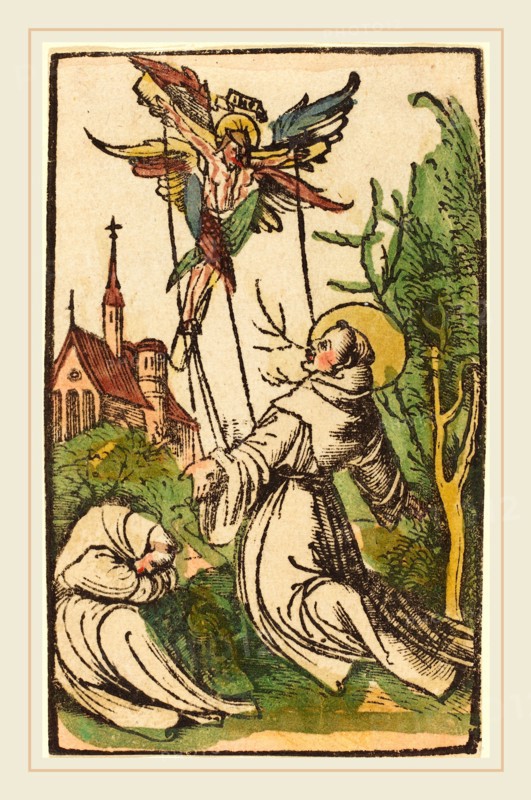 German 15th Century, Saint Francis Receiving the Stigmata, 1500-1510, woodcut, hand-colored in green, yellow, indian red, and blue