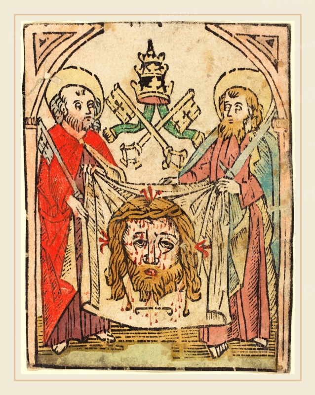 German 15th Century, Saints Peter and Paul with the Sudarium, in or after 1475, woodcut, hand-colored in vermilion, red-violet, rose, blue, green, brown, and yellow