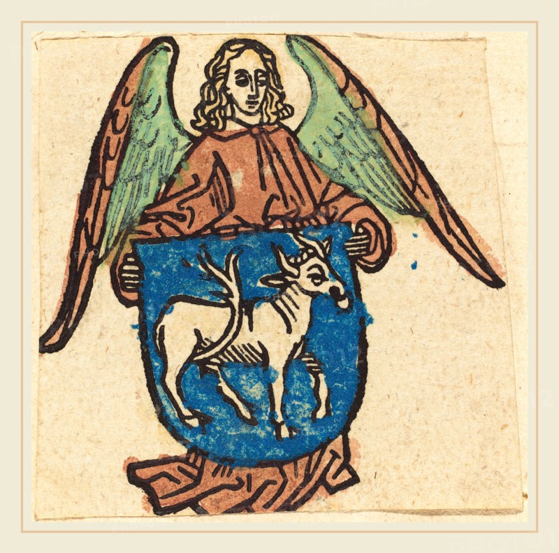German 15th Century, Bookplate of Hilprand Brandenburg of Bibrach, in or after 1500, woodcut, hand-colored in green, rose, light blue, red, and yellow
