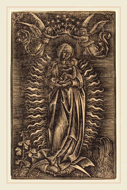 German 15th Century, The Virgin Crowned by Two Angels, c. 1500, white line woodcut
