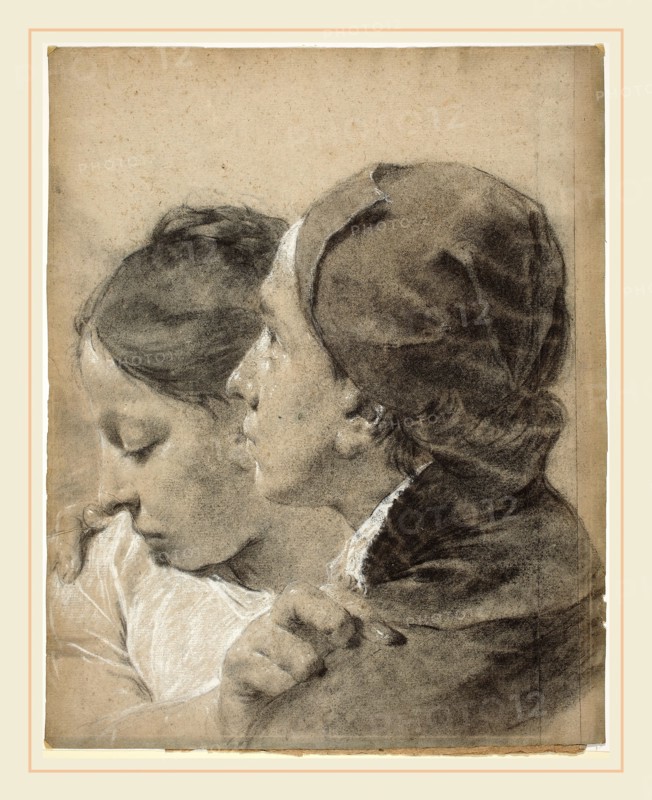 Giovanni Battista Piazzetta, A Young Man Embracing a Girl, 1683-1754, c. 1743, black chalk, heightened with white on blue paper faded to gray