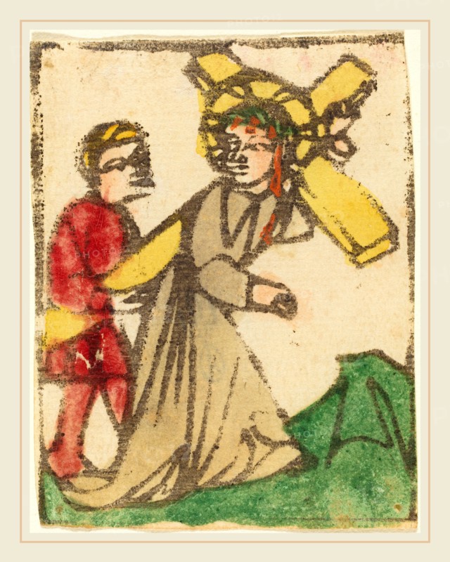 German 15th Century, Christ Carrying the Cross, 1425-1450, woodcut, hand-colored in red lake, green, yellow, tan, and orange