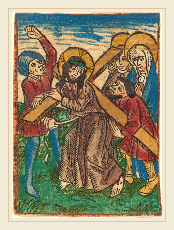 German 15th Century, Christ Bearing the Cross, c. 1490, hand-colored woodcut