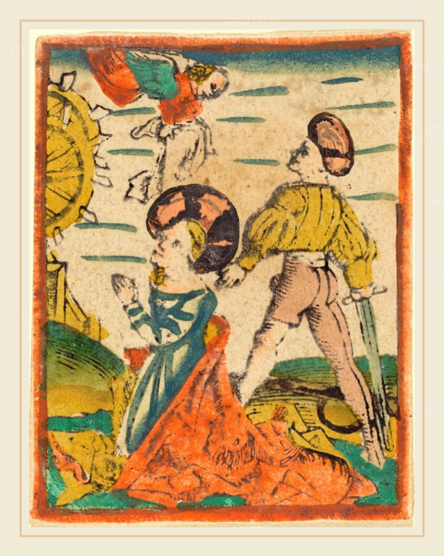 German 15th Century, Beheading of Saint Catherine, 1480-1490, woodcut, hand-colored in orange, yellow, blue-green, blue, and rose