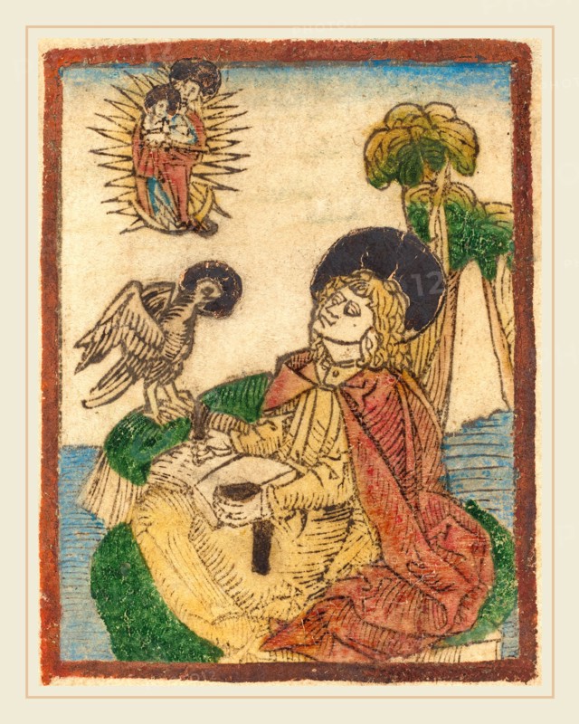German 15th Century, Saint John on the Island of Patmos, 1480-1490, woodcut in brown, hand-colored in red lake, yellow, blue, green, tan, gold, and red-orange