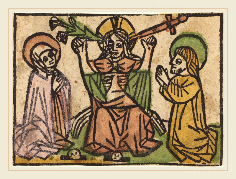 German 15th Century, Last Judgment, c. 1460-1470, woodcut, hand-colored in Venetian red, green, yellow, and lavender