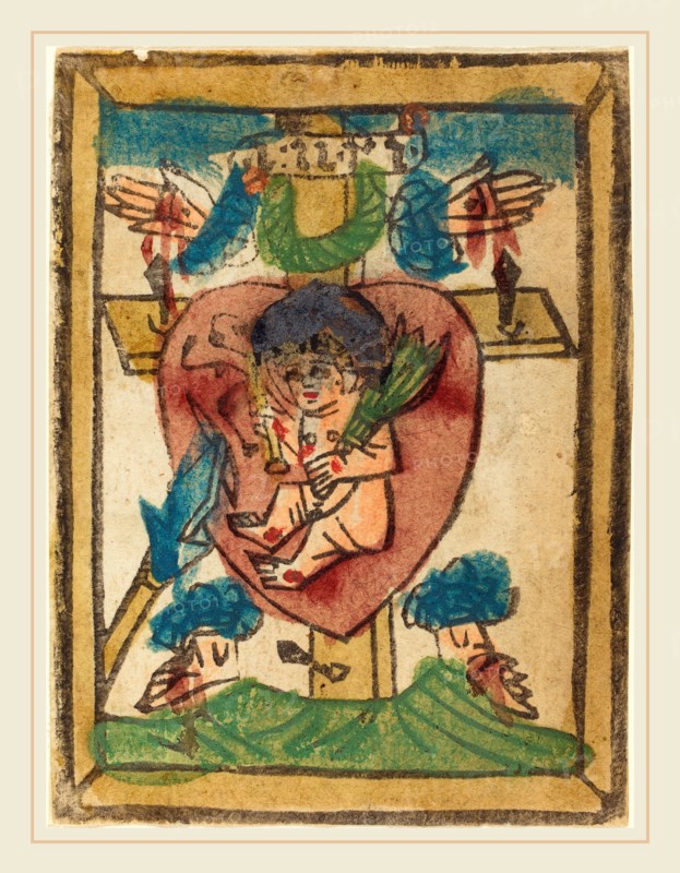 German 15th Century, Christ Child in the Sacred Heart, 1450-1470, woodcut in warm black, hand-colored in red lake, blue, green, yellow, and gold