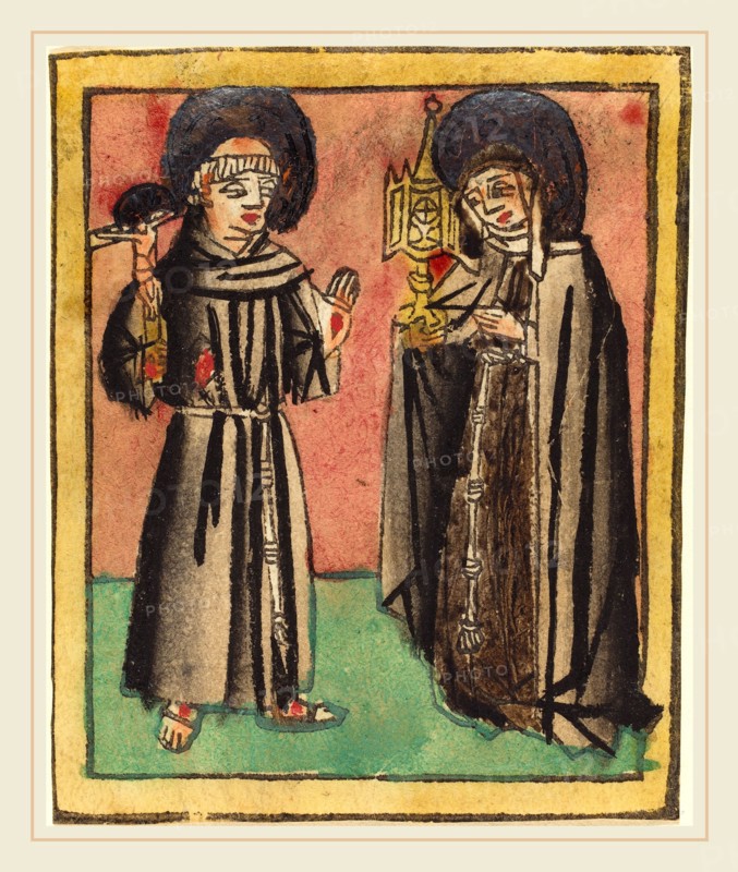 German 15th Century, Saint Francis and Saint Clara, 1450-1470, woodcut, hand-colored in rose, red, gray, black, yellow, and gold