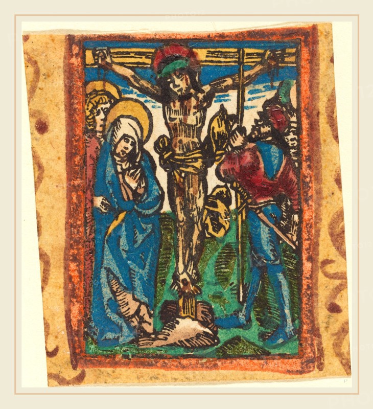 German 15th Century, The Crucifixion, c. 1490-1500, woodcut, hand-colored in red lake, blue, yellow, green, and vermilion