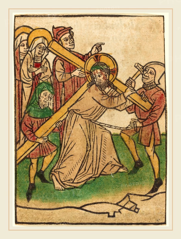 Ludwig of Ulm (German, active 1450-1470), The Carrying of the Cross, hand-colored woodcut (blockbook page)