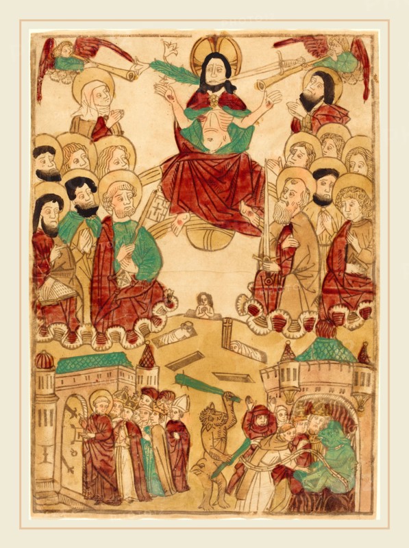 German 15th Century, The Last Judgment with the Apostles, c. 1460, woodcut, hand-colored in red lake, ochre, green, brown, tan, and black