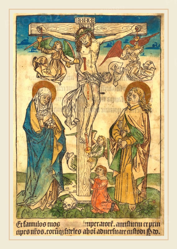German 15th Century, Christ on the Cross with Angels, c. 1490, woodcut, hand-colored in blue, yellow, orange, green, brown, carmine, and gold on vellum