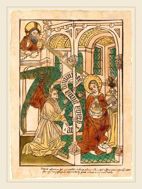 German 15th Century, The Annunciation, c. 1450-1470, woodcut, hand-colored in red lake, green, yellow, tan, olive, and pink