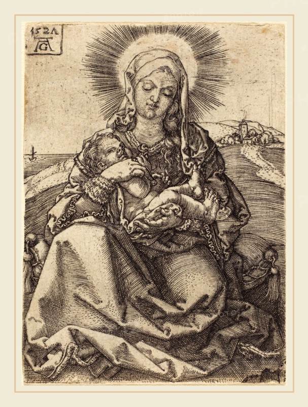 Heinrich Aldegrever (German, 1502-1555-1561), Madonna in a Landscape Sitting on a Cushion, 1527, etching