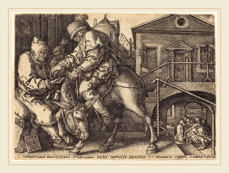 Heinrich Aldegrever (German, 1502-1555-1561), The Good Samaritan Paying for the Lodgings  of the Traveler, 1554, etching