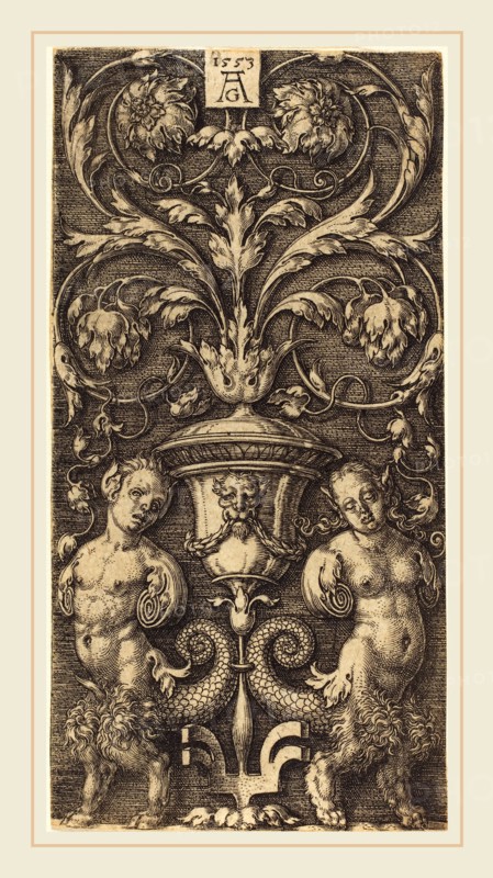 Heinrich Aldegrever (German, 1502-1555-1561), Ornament with Vase and Two Female Figures, 1553, engraving