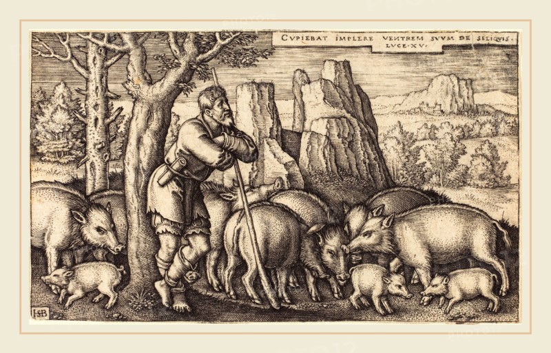 Sebald Beham (German, 1500-1550), The Prodigal Son with the Swine, engraving
