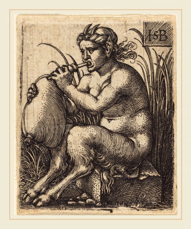 Sebald Beham (German, 1500-1550), Satyr Woman Playing Bagpipe, engraving