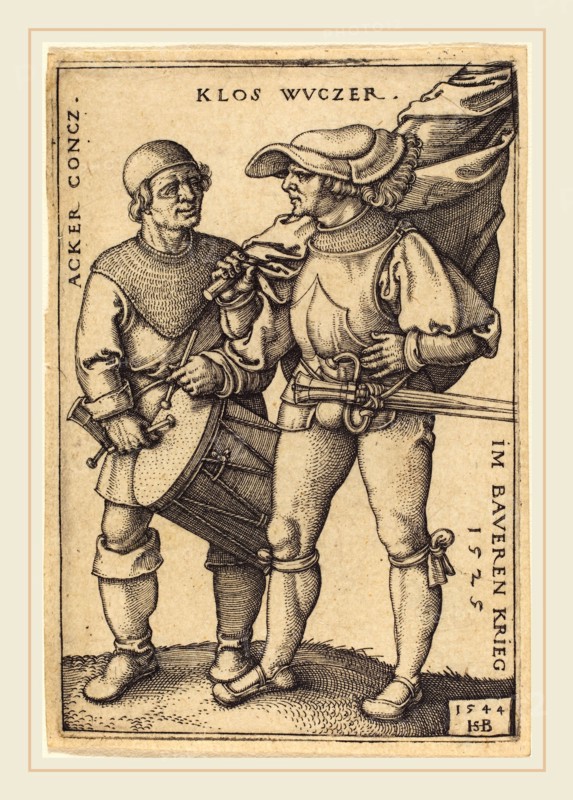 Sebald Beham (German, 1500-1550), Standard Bearer and Drummer, 1544, engraving