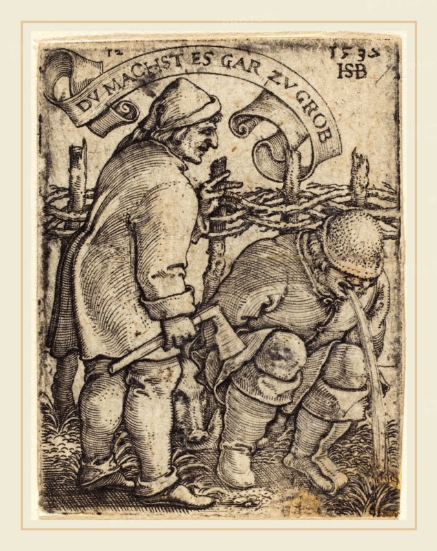 Sebald Beham (German, 1500-1550), Vomiting Peasant, engraving