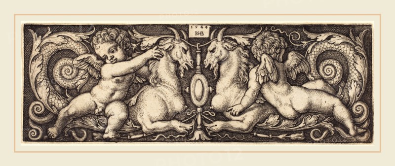 Sebald Beham (German, 1500-1550), Ornament with Two Genii Riding on Two Chimeras, 1544, engraving