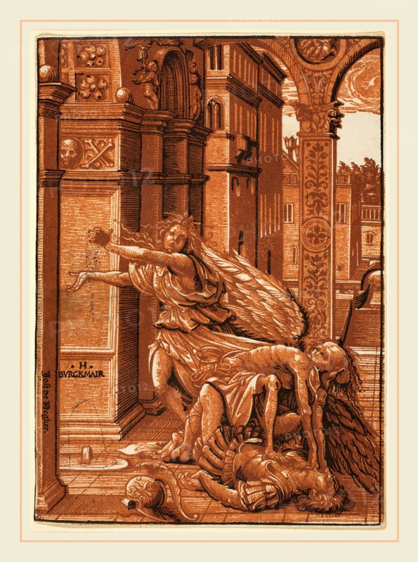 Hans Burgkmair I (German, 1473-1531), The Lovers Surprised by Death, chiaroscuro woodcut printed from 3 blocks: black line block and 2 tone blocks in shades of red on laid paper