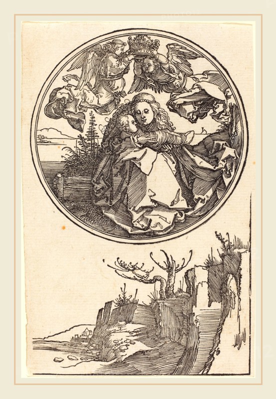 Albrecht DÃ¼rer (German, 1471-1528), The Virgin Crowned by Two Angels above a Landscape, in or before 1515, woodcut
