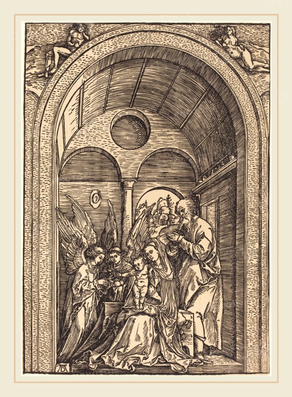 Albrecht DÃ¼rer (German, 1471-1528), The Holy Family with Two Angels in a Vaulted Hall, c. 1504, woodcut