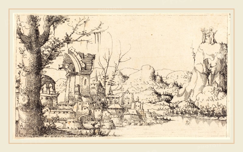 Augustin Hirschvogel (German, 1503-1553), River Landscape with the Temptation of Christ, 1545, etching, counterproof